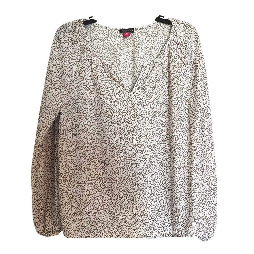 NWOT Vince Camuto Long Sleeve Animal Print Blouse – White/Tan, Women’s XS